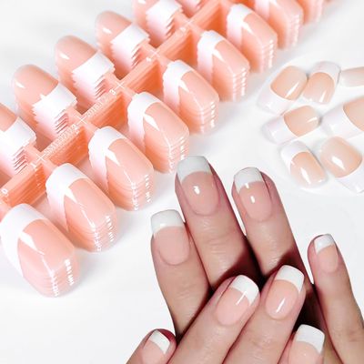 120pcs 5 Set White French Tip Press on Nails Medium Square Fake Nails Nude False Nails, IKISKT French Press ons Square Nail Acrylic Artificial Nail with Adhesive Tab for Women Girls