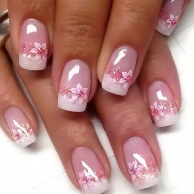 24pcs French Tip Press On Nails - Short Square Pink Flower Fake Nails with Full Coverage, Tip Glue on Designs for Women &amp; Girls