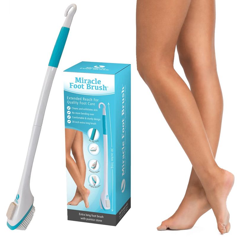 Miracle Foot Brush 30 w/ Scrubbing Pumice Stone and Shower Grip Handle with Hook. Wet/Dry Brush, Great for Seniors, Pregnant, Disabled, or Post surgery. 1000s sold