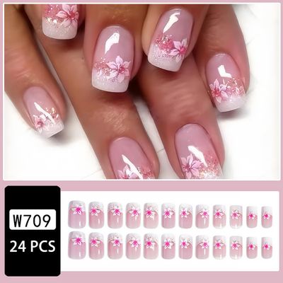 24pcs French Tip Press On Nails - Short Square Pink Flower Fake Nails with Full Coverage, Tip Glue on Designs for Women &amp; Girls