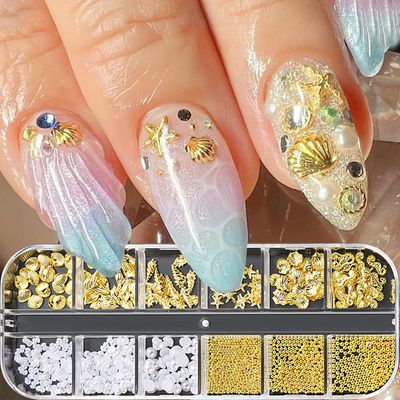 ROFIBUT Summer Nail Charms 3D Steel Studs Metal Art Charms Pearls Seashell Starfish Gold Rhinestones Ocean Theme Designs Nail Supplies for Women Girls Manicure 12 Grids