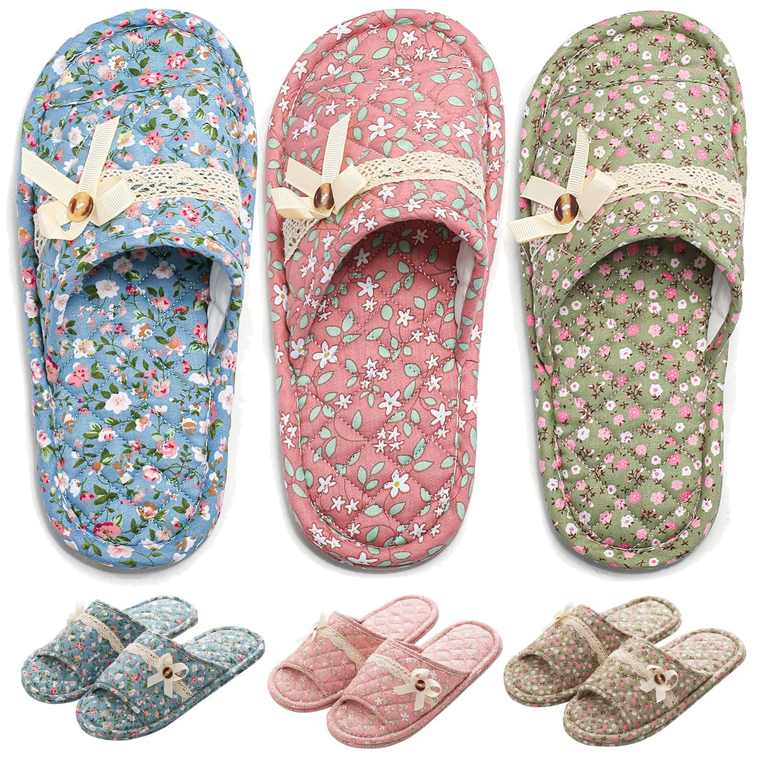 3 Pairs Floral Cotton House Slippers for Women, Open Toe Indoor Slippers Comfortable Washable Portable Foldable Guest Travel Hotel Airplane Spa Slippers