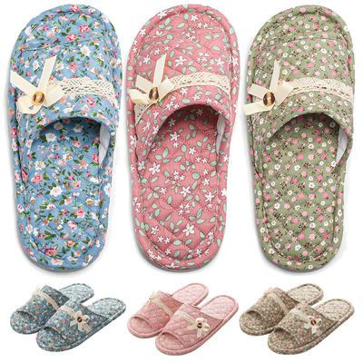 3 Pairs Floral Cotton House Slippers for Women, Open Toe Indoor Slippers Comfortable Washable Portable Foldable Guest Travel Hotel Airplane Spa Slippers