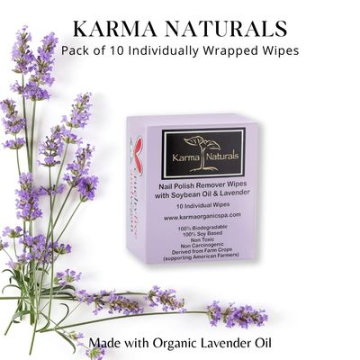 Karma Organic Natural Nail Polish Remover Wipes with Soybean and Lavender Oil, 100 Soy Based, Non-Toxic, Vegan, Cruelty-Free - Pack of 10