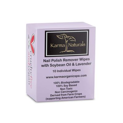 Karma Organic Natural Nail Polish Remover Wipes with Soybean and Lavender Oil, 100 Soy Based, Non-Toxic, Vegan, Cruelty-Free - Pack of 10