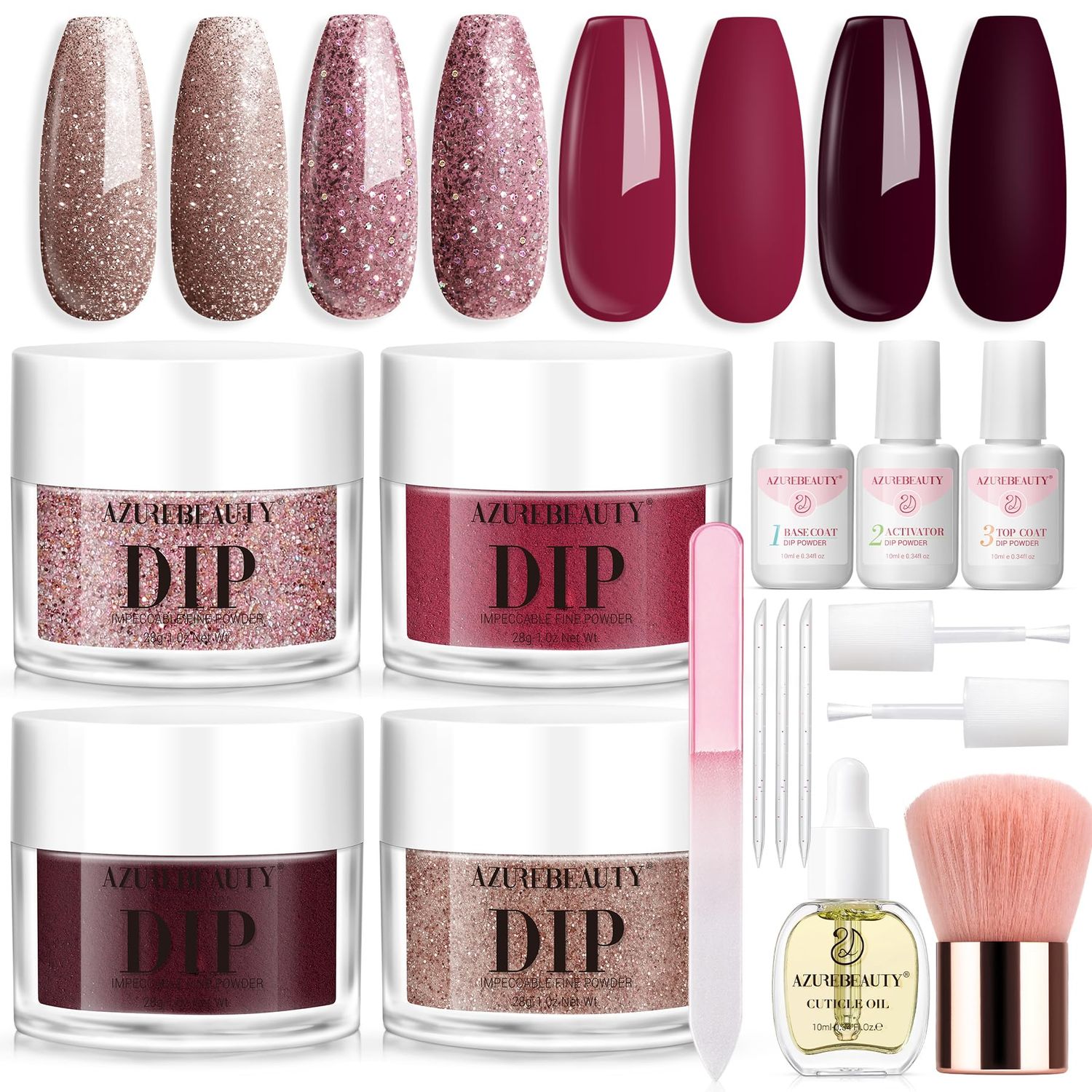 AZUREBEAUTY Dip Powder Nail Kit 28g/1Oz Glitter Pink with Nourishing Hand Cream Hand Scrub Cuticle Oil Dipping Liquid Set Top/Base Coat Activator for Holidays Gift Set