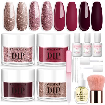 AZUREBEAUTY Dip Powder Nail Kit 28g/1Oz Glitter Pink with Nourishing Hand Cream Hand Scrub Cuticle Oil Dipping Liquid Set Top/Base Coat Activator for Holidays Gift Set