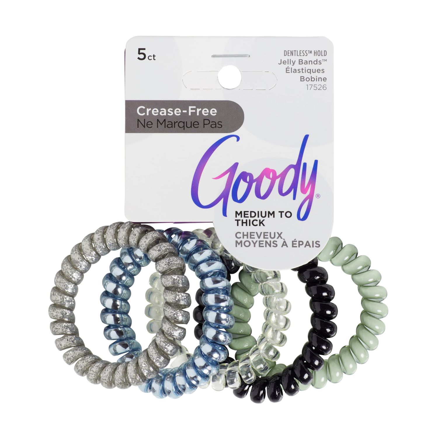 Goody Dentless Spiral Hair Ties, Cool Tones Phone Cord Coils - 5 Ct, Secure Hold Jelly Bands for Medium-Thick Hair for Women &amp; Men