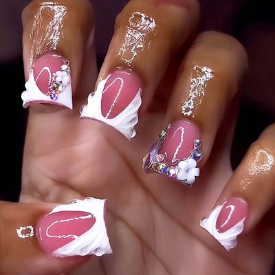 Lomxene Duck Press On Nails Medium Duck Nails Press On French tip fake nails 3d Rhinestones Nails Press Ons wave Glue On Nails Acrylic Nails Artificial Nails For Woman 24pcs(Duck french)