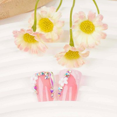 Lomxene Duck Press On Nails Medium Duck Nails Press On French tip fake nails 3d Rhinestones Nails Press Ons wave Glue On Nails Acrylic Nails Artificial Nails For Woman 24pcs(Duck french)