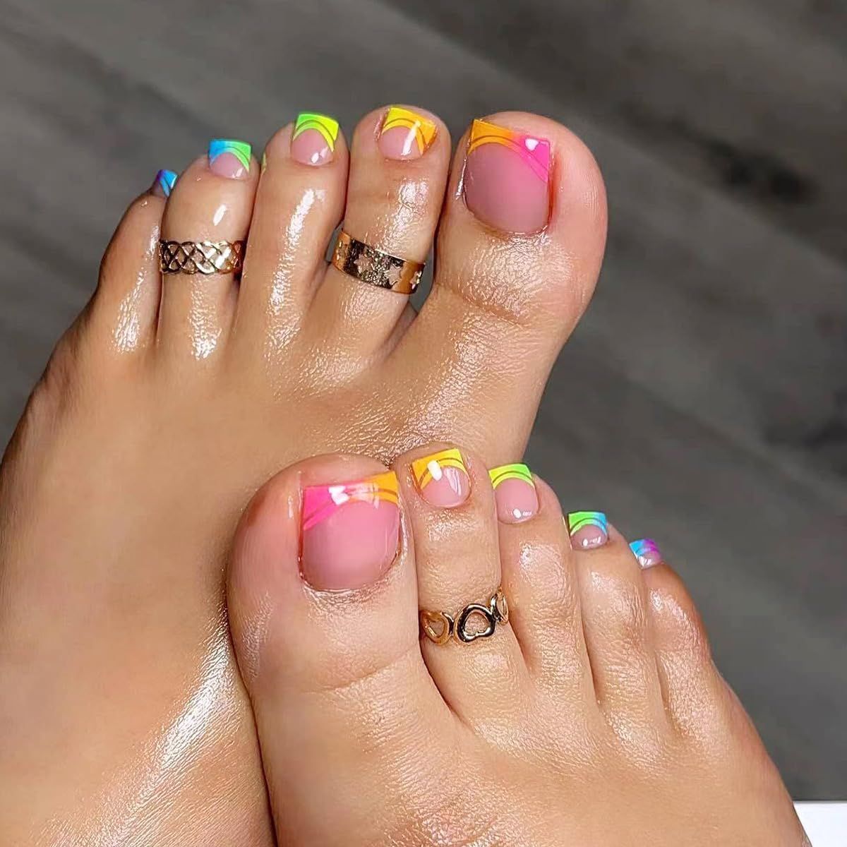 French Tips Press on Toenails Colorful Ombre Fake Toe Nails Short Square Toe Nails Press ons Finish Glossy Glue on Nails Full Cover Acrylic Toe False Nails Manicure for Women Girls 24Pcs