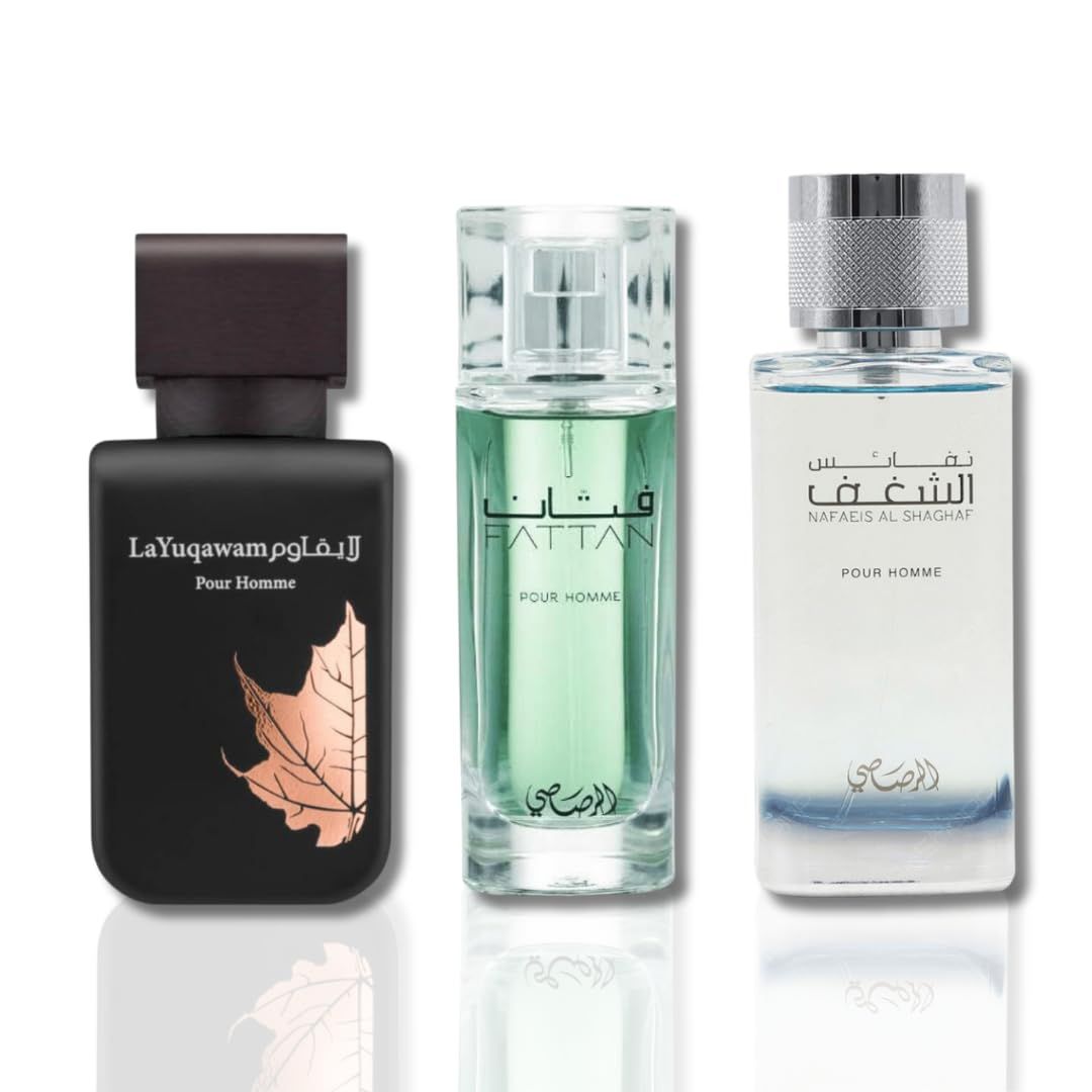 RASASI 3-Piece Set for Men, (3.4 Oz Nafaeis Al Shaghaf 2.5 Oz Yuqawam 1.7 Oz Fattan)