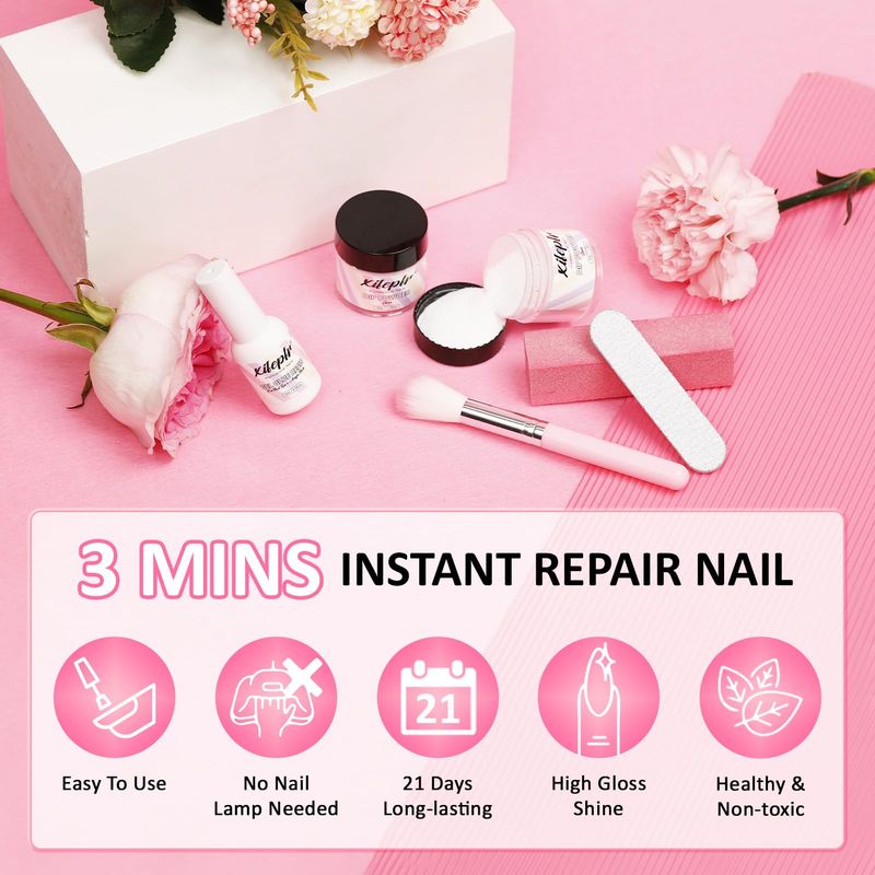XIFEPFR Nail Repair Kit for Broken Cracked Split Damaged Nails, Easy Quick Fix Ideal Solution with Nail File, Buffer Block, Nail Brush, Clear Dip Powder &amp; Quick-Drying Repair Glue for Beginners