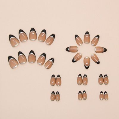 Black French Tip Press on Nails Short Almond Fake Nails with Designs Gold Line Glue on Nails Glossy Shiny Artificial Nails Full Cover Acrylic Stick on Nails for Women Girl Manicure 24 Pcs