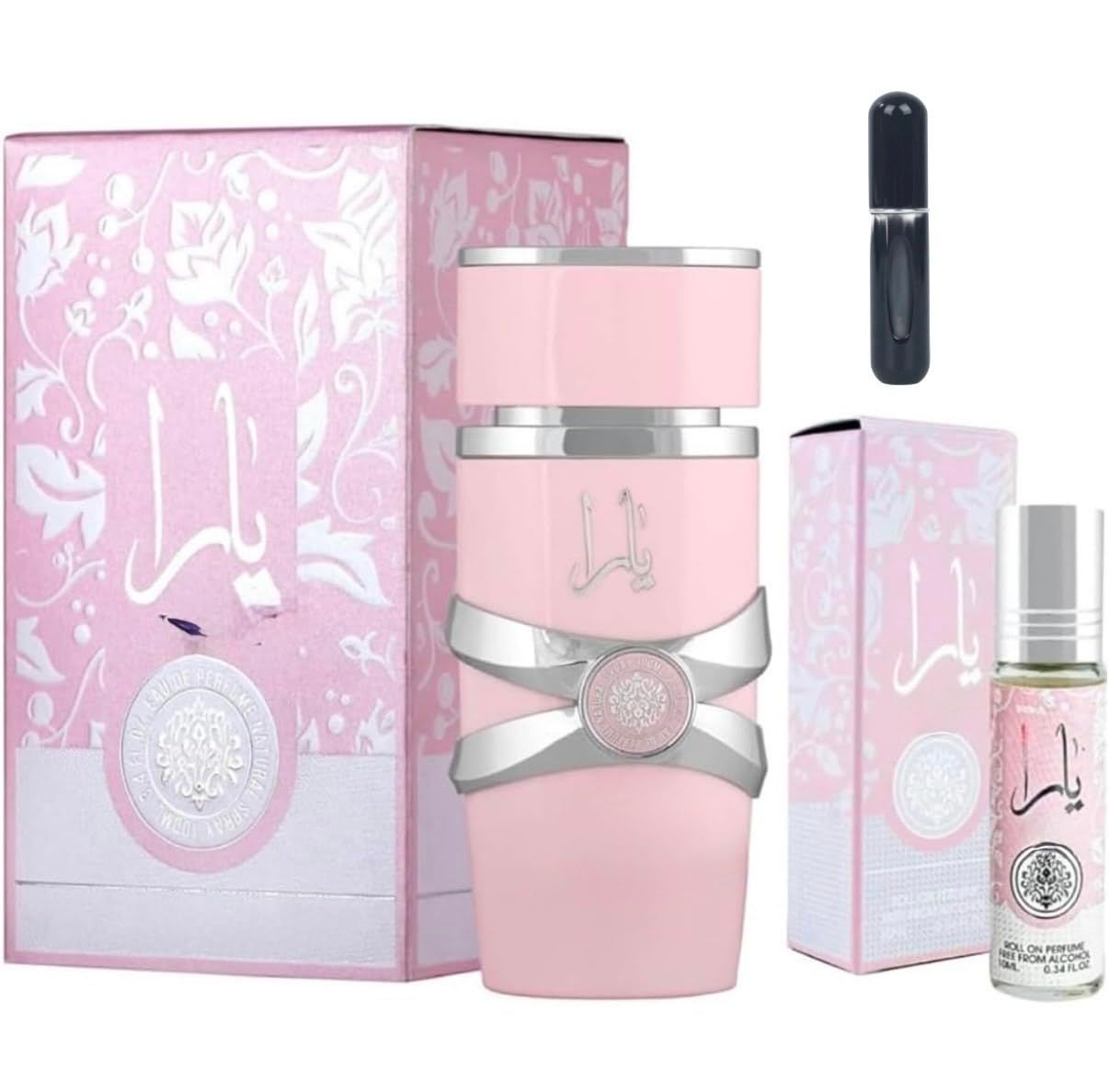 Bundle of Pink Yara EDP 3.4 Fl Oz Pink Yara Perfume Oil 0.34 Fl Oz with 5ML refillable spray bottle