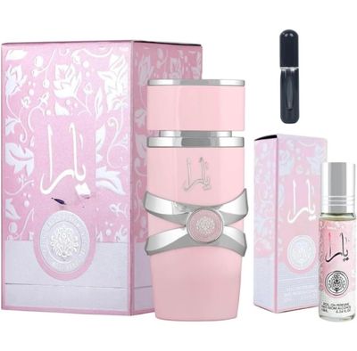 Bundle of Pink Yara EDP 3.4 Fl Oz Pink Yara Perfume Oil 0.34 Fl Oz with 5ML refillable spray bottle