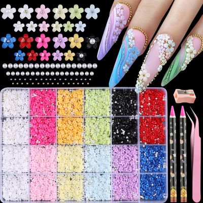 Fcozpjk 3D Colorful Flower Nail Charms with Caviar Beads, Small Flower Charms Pink White Cherry Blossom Gems Round Pearl Beads Nail Rhinestones Kit with Picker Pencil DIY Craft Materials