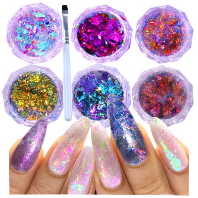 Nail Glitter for Nail Art Chameleon Flakes Nail Foil Holographic Nail Powder Shifting Glitter Opal Iridescent Nail Polish Acrylic Powder Set 6 Boxes Nail Art Design Kit for DIY Women Girls Ultra Thin