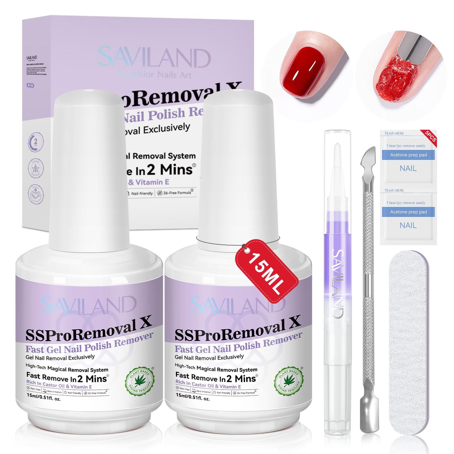 SAVILAND Gel Nail Polish Remover Kit: 2-Min Fast SSProRemoval X Gel Polish Remover Castor Oil &amp; VE Remover with Cuticle Oil Pen Pusher Nail File for Builder Acrylic Dip Powder Less-Damaging Salon