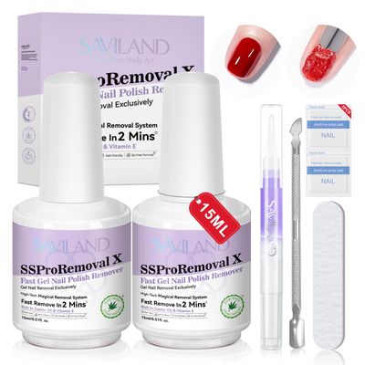 SAVILAND Gel Nail Polish Remover Kit: 2-Min Fast SSProRemoval X Gel Polish Remover Castor Oil &amp; VE Remover with Cuticle Oil Pen Pusher Nail File for Builder Acrylic Dip Powder Less-Damaging Salon