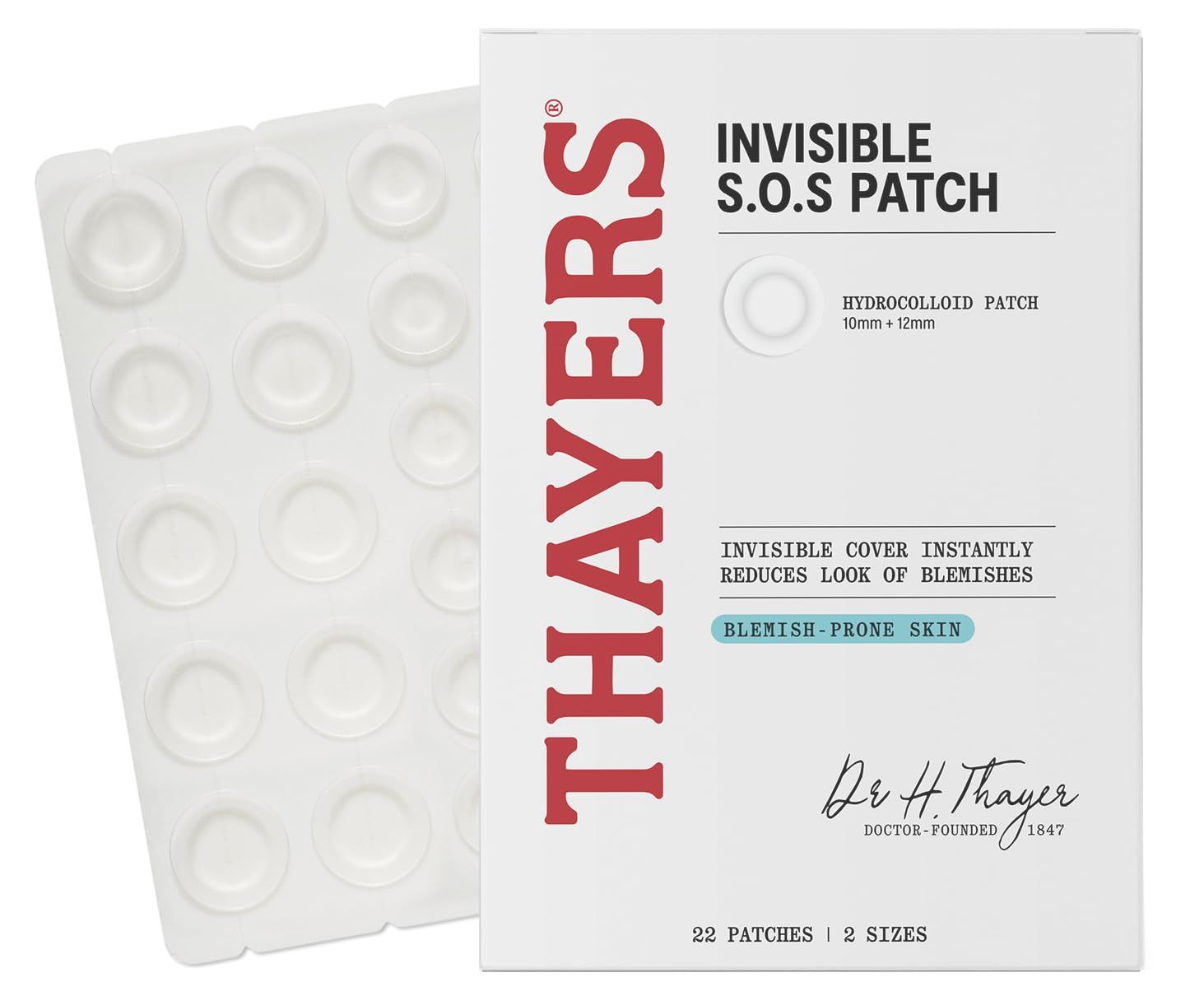 THAYERS Invisible S.O.S Hydrocolloid Acne Pimple Patch, Ultra-Thin Design Instantly Reduces Look of Blemishes, Set of 22 Pimple Patches