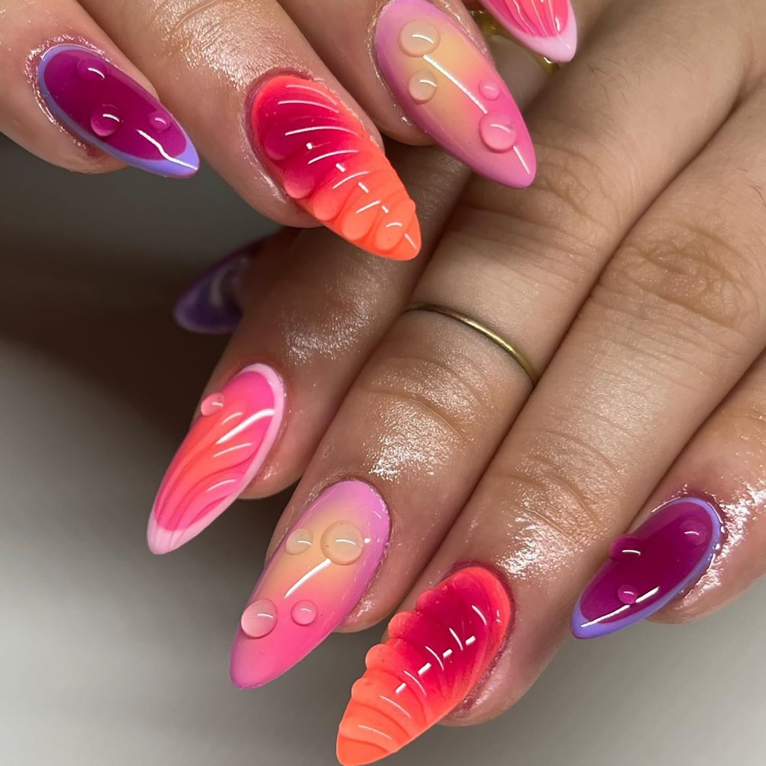 Press on Nails Medium Length Almond False Nails 3D French Coffin Nails Colorful Full Cover Artificial Stick on Nails Reusable Acrylic Nails Handmade Glue on Nails for Women Manicure Kit 24Pcs