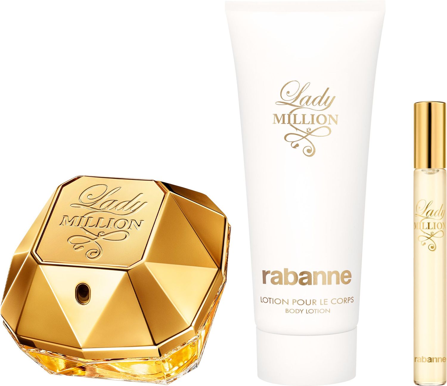 Paco Rabanne Lady Million 3 Piece Gift Set, (2.7 Oz Eau De Parfum Spray 3.4 Oz Body Lotion 0.33 Oz Travel Spray)