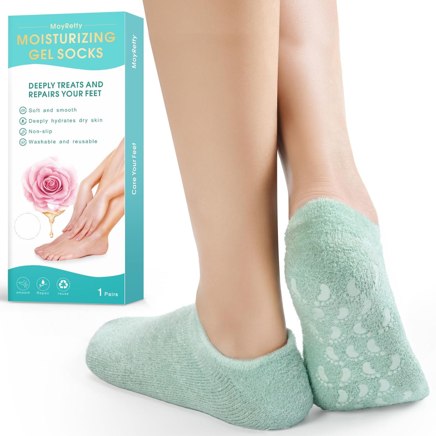 MoyRetty Moisturizing Silicone Gel Socks, 8.66 inches, for Dry Cracked Feet Care Gel Silicone Aloe Spa Socks (M(Green))