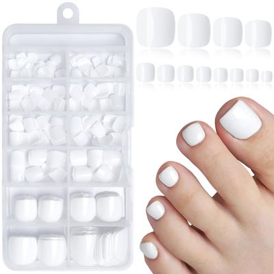 Lifextol 240pc Press on Toenails for Women Toe Press on Nails Short Fake Toe Nails Press ons with Glue&amp;Adhesive Tabs, Acrylic Toe Nail Tips False Toenail Press ons Artificial Fake Toenails-White