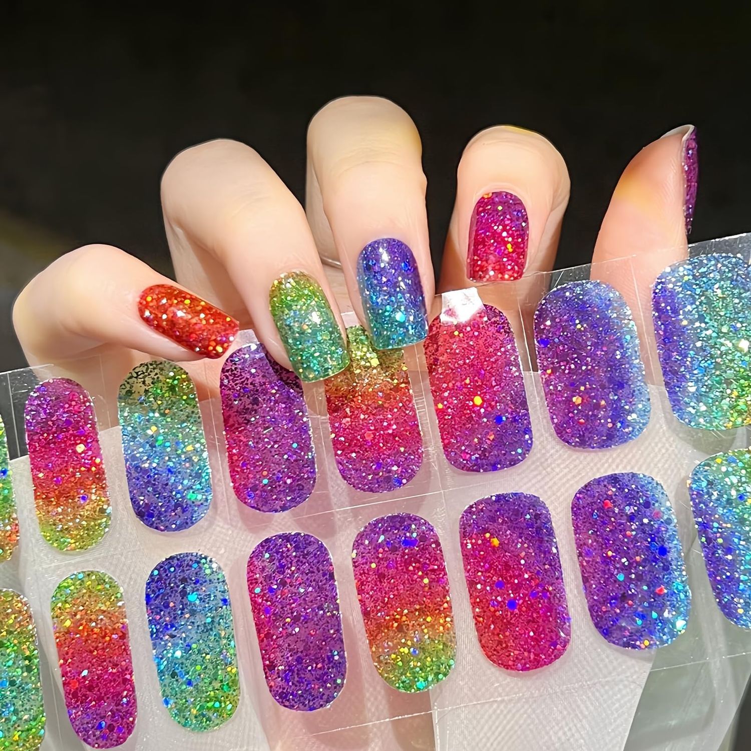 22 Pcs Rainbow Sequins Semi Cured Gel Nail Stickers, Glitter Colorful Gradient Strips, High Shine Polish Full Wraps for Women - UV/LED Lamp Needed