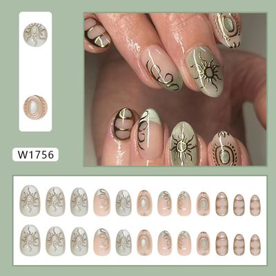 UEYRSEDB Green French Tip Press on Nails Short Almond Spring Fake Nails with 3D Gold Sun Design Green Glitter Glue on False Nail Glossy Goth Acrylic Artificial Stick on Nail for Women 24Pcs