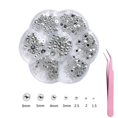 Fcozpjk Half Round Silver Beads for Nail Art, 6/5/4/3/2.5/2/1.5 mm Plastic Flatback Pearls Beads Nail Charms with Tweezers, Y2K Silver Nail Gems Caviar Beads Manicure Jewels DIY Crafts