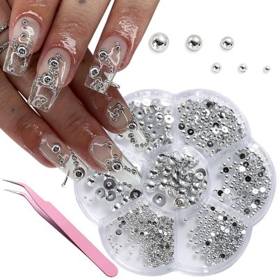 Fcozpjk Half Round Silver Beads for Nail Art, 6/5/4/3/2.5/2/1.5 mm Plastic Flatback Pearls Beads Nail Charms with Tweezers, Y2K Silver Nail Gems Caviar Beads Manicure Jewels DIY Crafts