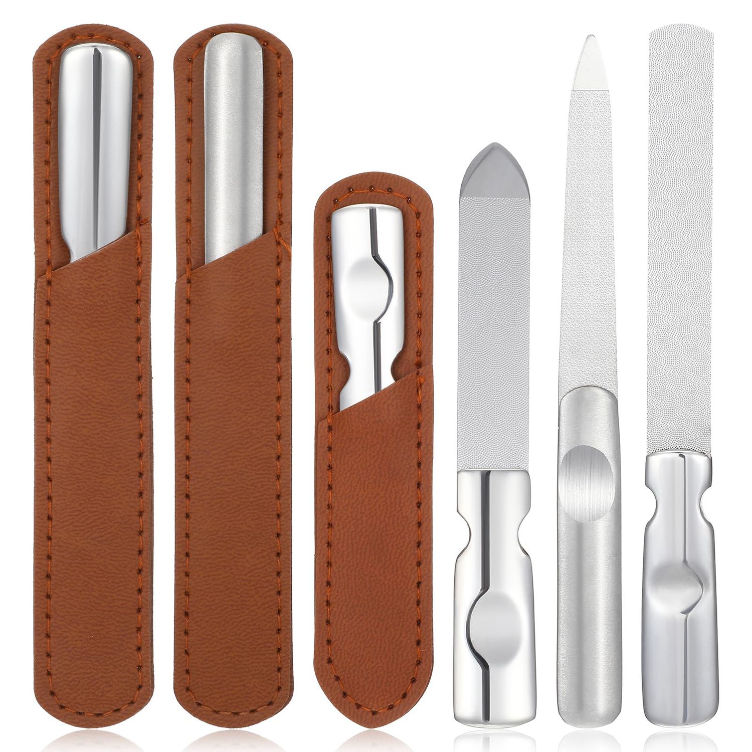 MBAIYO Stainless Steel Nail Files with Leather Case, 3 Sizes Files Set Double Sided Metal Nail Buffer Pointed Tip Manicure Tool Professional Curved rasp for Natural Fingernail Travel Home Salon