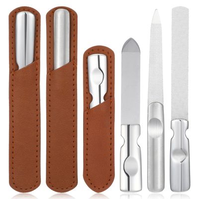 MBAIYO Stainless Steel Nail Files with Leather Case, 3 Sizes Files Set Double Sided Metal Nail Buffer Pointed Tip Manicure Tool Professional Curved rasp for Natural Fingernail Travel Home Salon