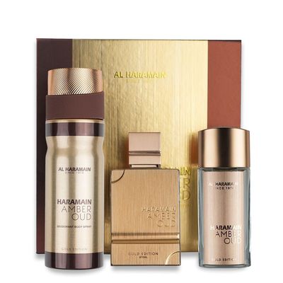 Al Haramain Amber Oud Gold Edition 3 Pc Gift Set for Unisex - Luxury Cologne &amp; Perfume for Men &amp; Women - 2.5 oz EDP Spray, 1 oz EDP Spray, 6.6 oz Body Spray - Arabian &amp; Arabic Long Lasting Fragrance