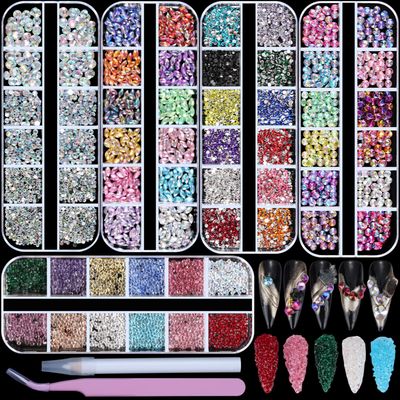Umillars 5 Boxes Colorful Nail gems and Rhinestones Kit - Multicolor Nail Gems Crystal Diamonds Horse Eye AB Rhinestones with Tweezers and Nail Art Brush for Nail Art Supplies Accessories (Colorful)