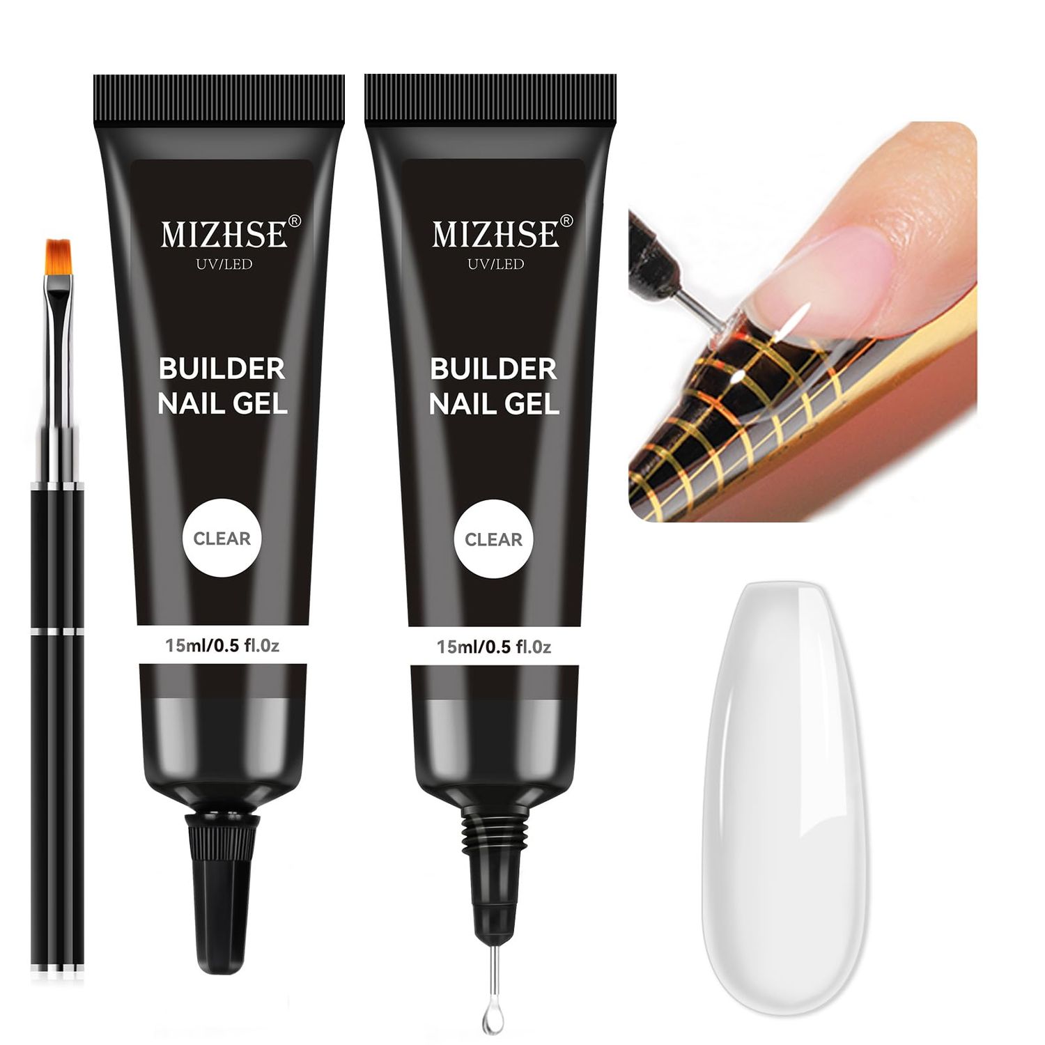 MIZHSE Builder Gel for Nails, 2Pcs 15mL Clear Hard Builder Gel for Nail Thickening Tip Design Rhinestone Nail Glue U V LED Extension for Nail Art Design