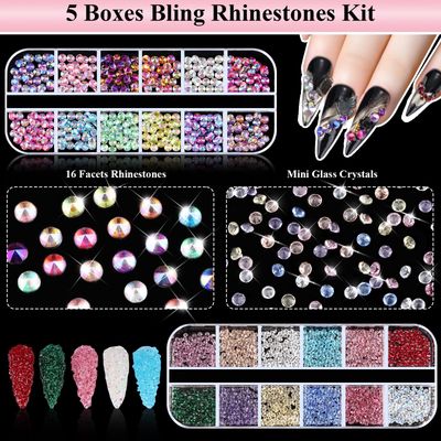 Umillars 5 Boxes Colorful Nail gems and Rhinestones Kit - Multicolor Nail Gems Crystal Diamonds Horse Eye AB Rhinestones with Tweezers and Nail Art Brush for Nail Art Supplies Accessories (Colorful)