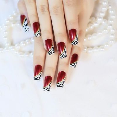 YUNAI 24 PCS Medium Length Full Cover False Nails French Ellipse Red Wine Oblique Leopard Fake Nails