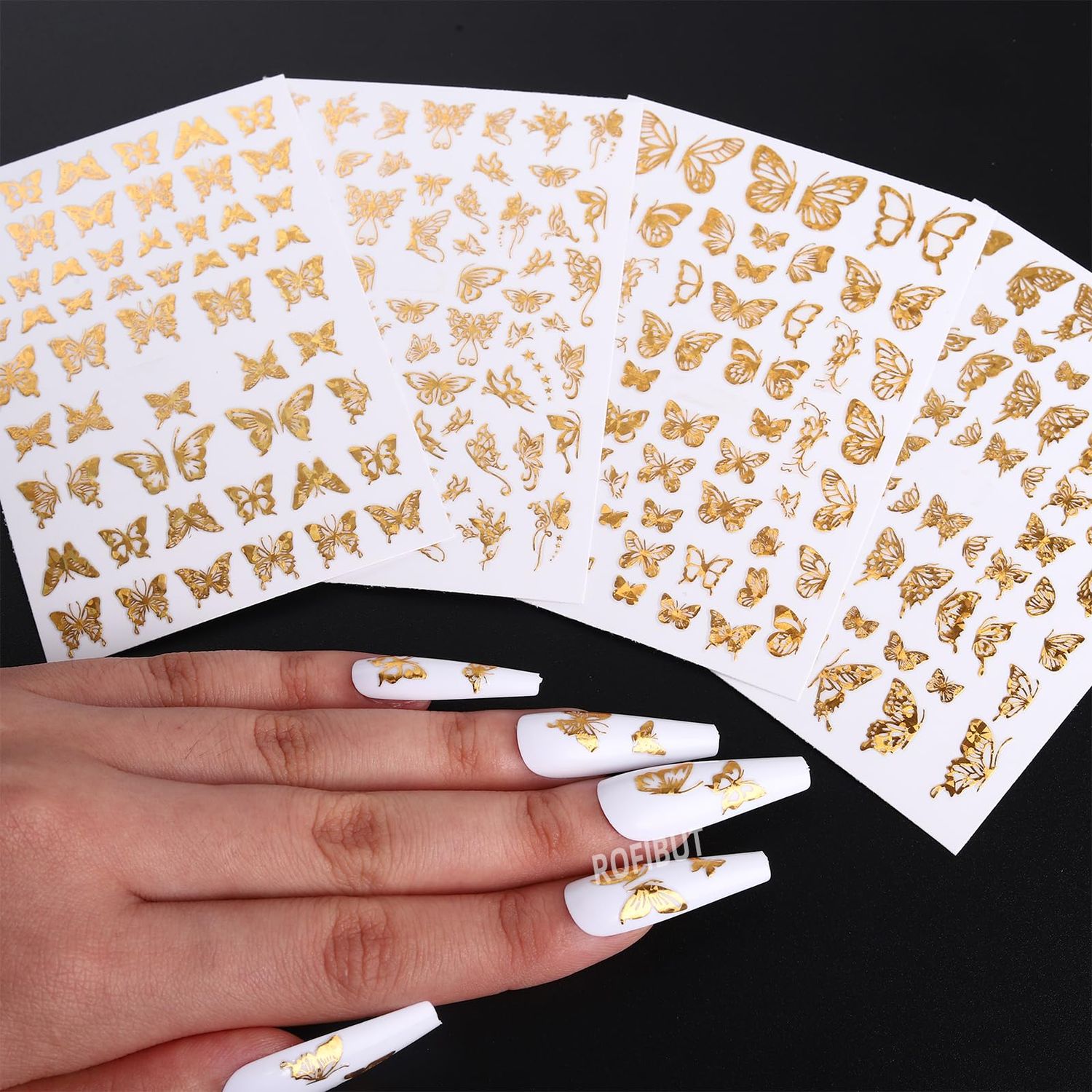 Gold Butterfly Nail Art Stickers - 4 Sheets 3D Self Adhesive Butterflies Nail Decals - Laser Gold Luxury Holographic Half Design for Womens Nails Manicure Decorations