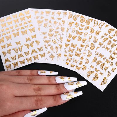 Gold Butterfly Nail Art Stickers - 4 Sheets 3D Self Adhesive Butterflies Nail Decals - Laser Gold Luxury Holographic Half Design for Womens Nails Manicure Decorations