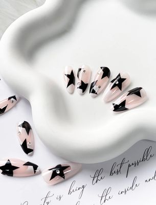 Press on Nails Medium Almond French Tip Fake Nails Full Cover False Nails with Black Stars Designs Y2K Press on Nails Glossy Acrylic Nails Rhinestones Artificial Nails for Women Girls 24 Pcs