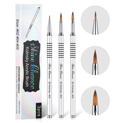Shine Chance 3Pcs Acrylic Nail Brushes Set Size 2 4 5, Kolinsky Hair Acrylic Nail Art Brush, Art Design &amp; Polish Mistake Cleaning Manicure Tools for Women Acrylic Application, Silver