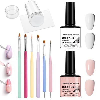 LZXLUKGIR French Manicure Kit,Pink and White French Tip Gel Polish,Clear Silicone French Nail Stamp with Scraper,All-in-One Nail French Tip Tool for Nail Art DIY Design