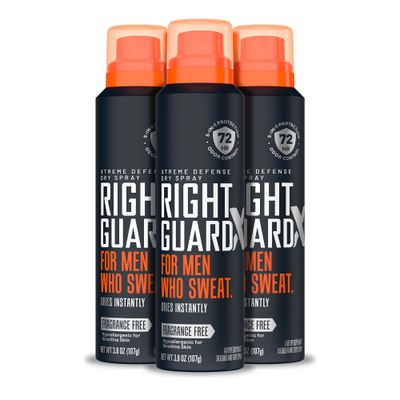Right Guard Xtreme Defense Antiperspirant &amp; Deodorant Spray | 5-in-1 Protection Dry Spray Deodorant For Men | Blocks Sweat 2X Longer | 72-Hour Odor Control | Fragrance Free, 3.8 oz. (3 count)