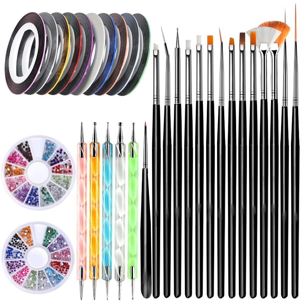Teenitor Nail Art Brushes, Nail Art Paiting Design Brushes, 15 Nail Gel Brushes, Nail Dotting Pen 5pcs, 12 Colors Nail Rinestones &amp; 10 Adhesive Nail Striping Tape for False Acrylic Nails-Black