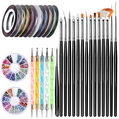 Teenitor Nail Art Brushes, Nail Art Paiting Design Brushes, 15 Nail Gel Brushes, Nail Dotting Pen 5pcs, 12 Colors Nail Rinestones &amp; 10 Adhesive Nail Striping Tape for False Acrylic Nails-Black