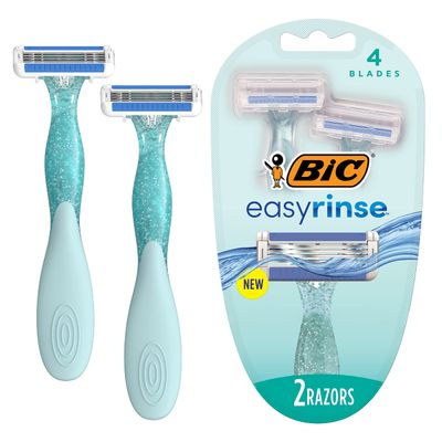 BIC EasyRinse Anti-Clogging Womens Disposable Razors for a Smoother Shave With Less Irritation, Easy Rinse Shaving Razors With 4 Blades, 2 Count