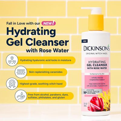 Dickinsons Original Witch Hazel Hydrating Gel Facial Cleanser with Rose Water, 12 Fl Oz, For Normal to Dry Skin, Hydrates and Nourishes Skin, Helps Calm Redness, Alcohol-Free Face Wash